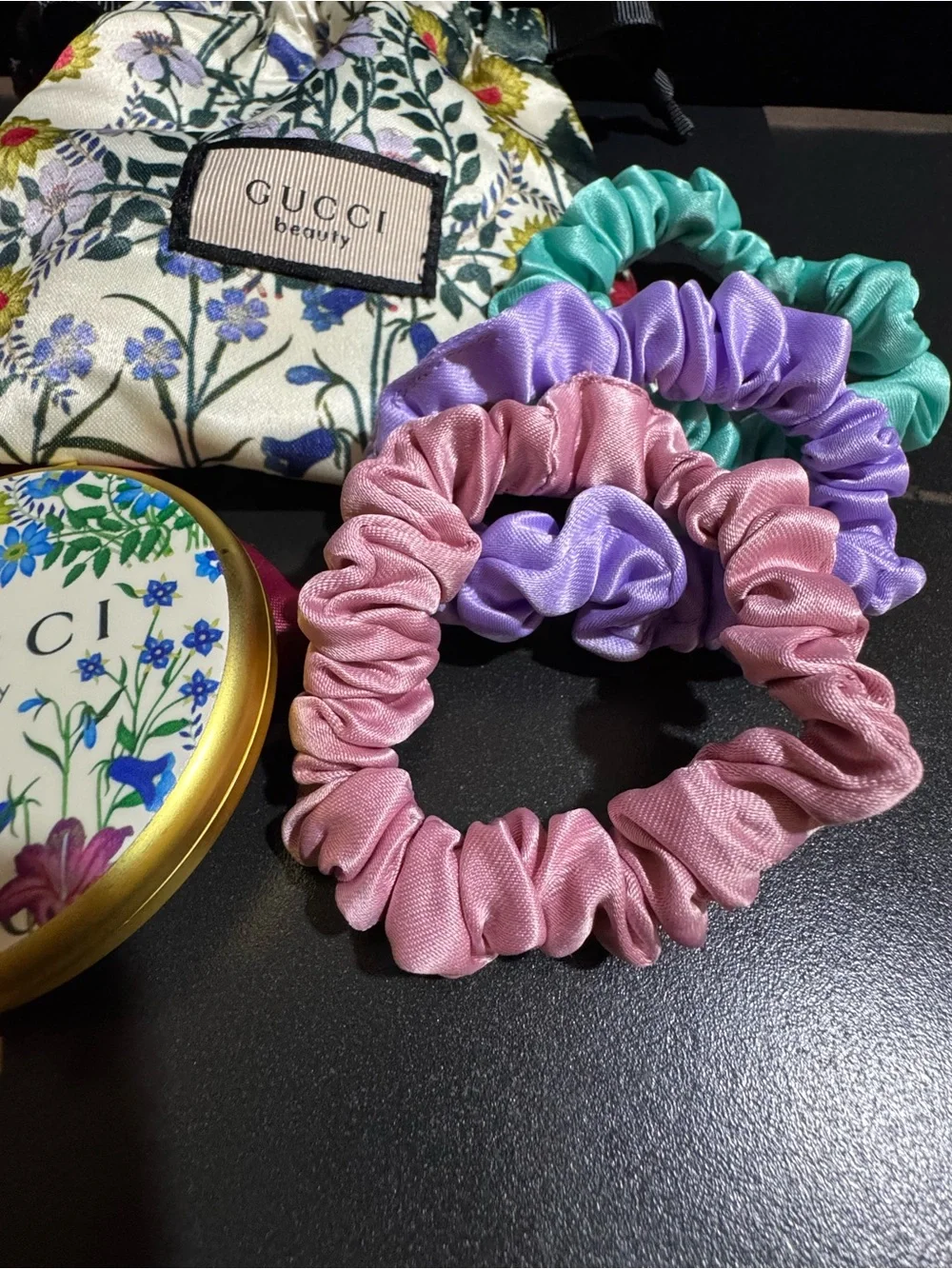 GUCCI Floral Compact Mirror & Silk Scrunchie Set - Pink, Purple, Teal GWP